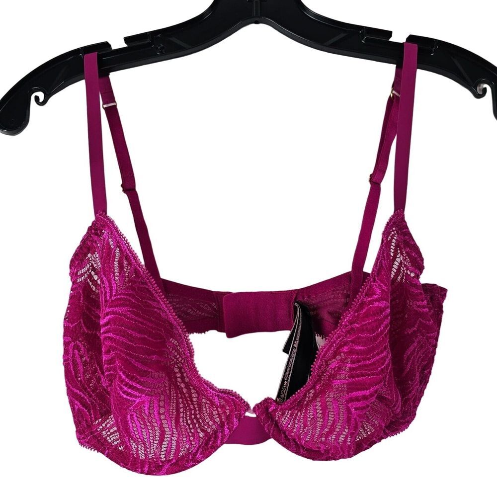 Victoria Secret Unlined Demi Bra 32DDD 32F‎ Semi-Sheer Hot Pink Lace